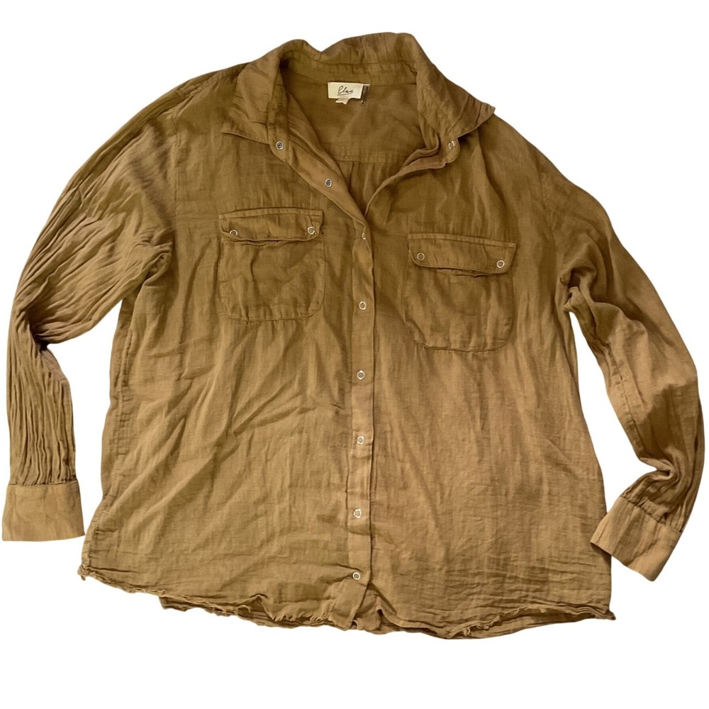 Elan Mustard Brown Gauze Snap Front Button Down Shirt Raw Hem Small
